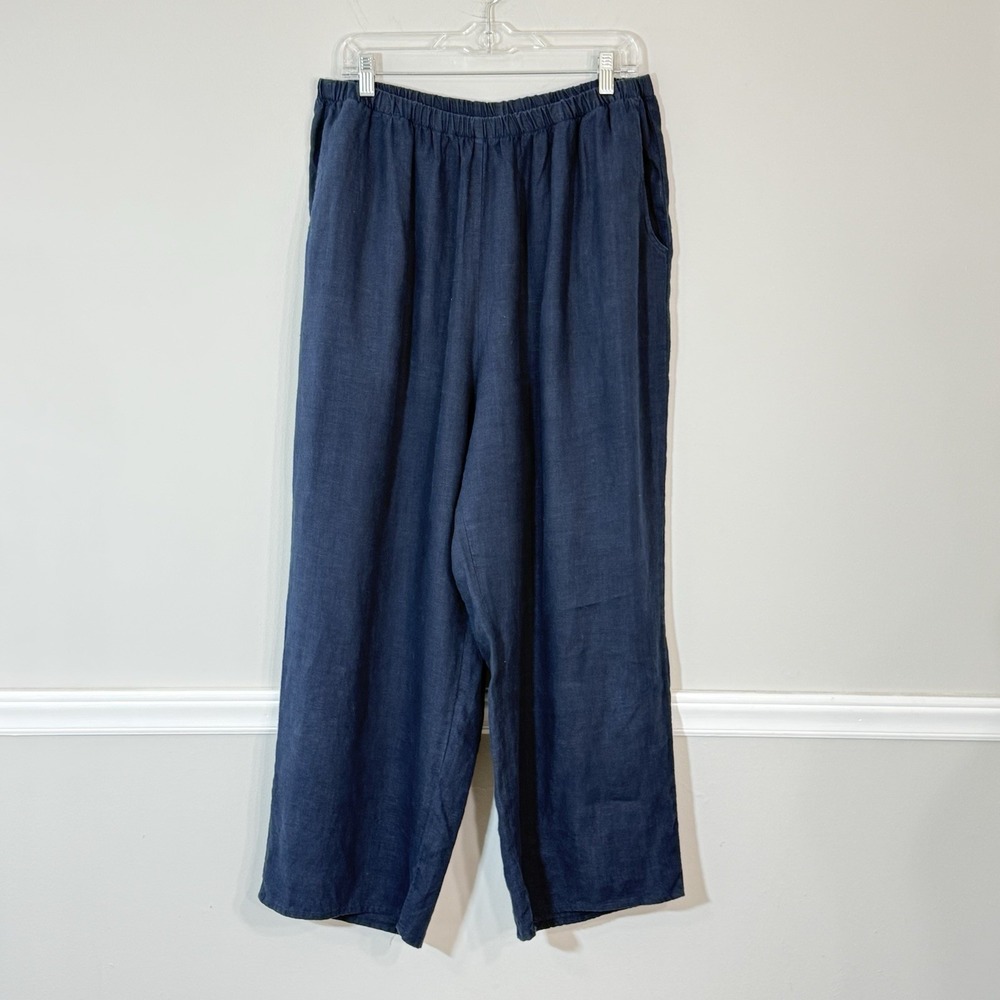 Flax Linen Crop Pants Womens L Pull On Relaxed Fit Wide Leg Navy Lagenlook Beach